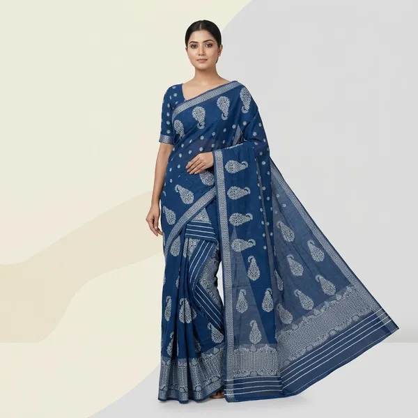 Blue_Cotton_Hand_Block_Printed_Paisley_Mekhela_Sador_For_Women
