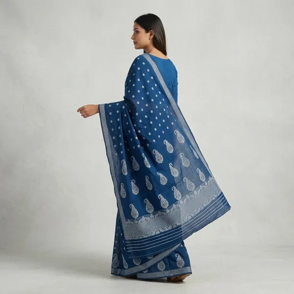 Blue_Cotton_Hand_Block_Printed_Paisley_Mekhela_Sador_For_Women