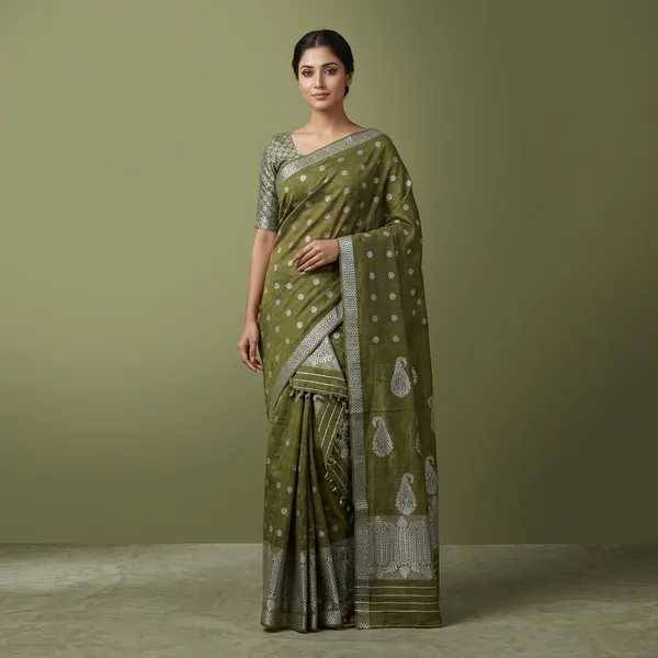 Olive_Green_And_Silver_Cotton_Zari_Work_Mekhela_Sador_For_Women