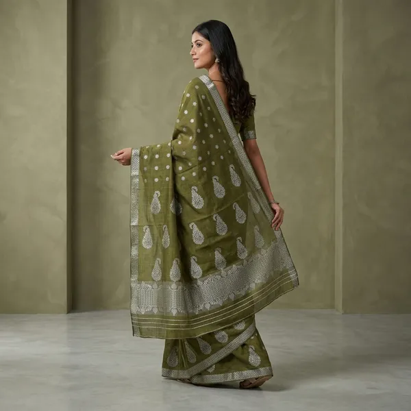 Olive_Green_And_Silver_Cotton_Zari_Work_Mekhela_Sador_For_Women