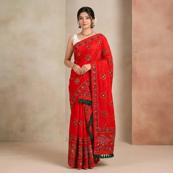 Red_And_Green_Cotton_Mirror_Work_Jaipuri_Mekhela_Sador_For_Women