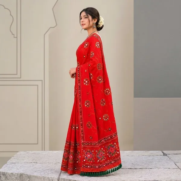 Red_And_Green_Cotton_Mirror_Work_Jaipuri_Mekhela_Sador_For_Women