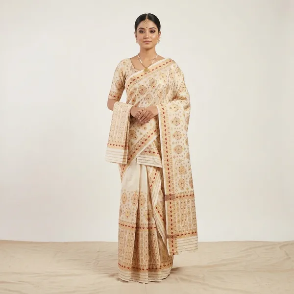 Cream_Cotton_Bridal_Embroidered_Mekhela_Sador_Riha_Set_For_Women