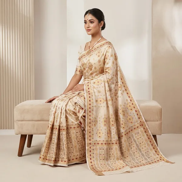 Cream_Cotton_Bridal_Embroidered_Mekhela_Sador_Riha_Set_For_Women