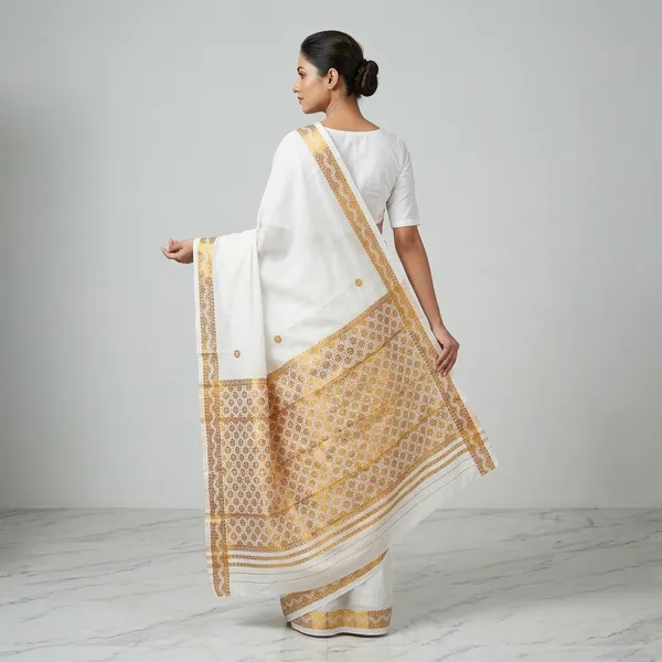 White_And_Golden_Yellow_Cotton_Geometric_Border_Single_Riha_Sador_For_Women