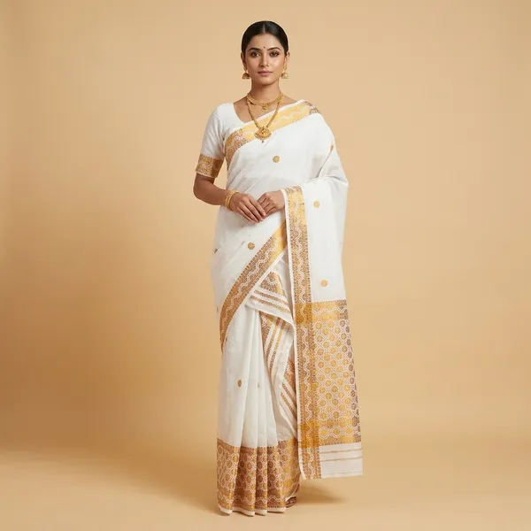 White_And_Golden_Yellow_Cotton_Geometric_Border_Single_Riha_Sador_For_Women
