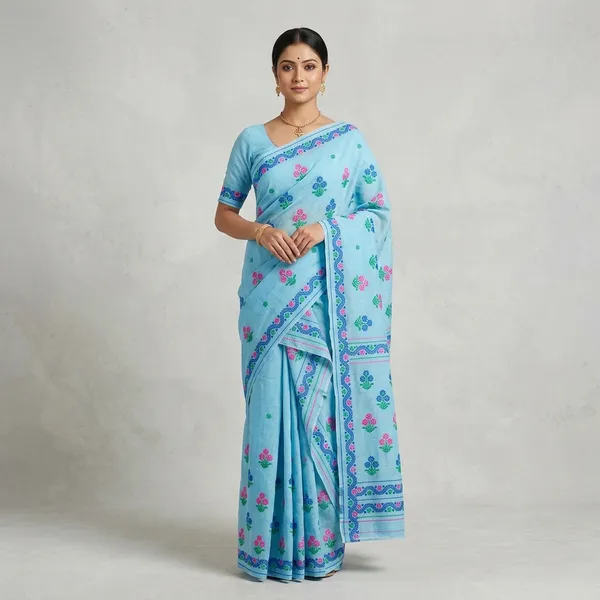 Sky_Blue_Cotton_Floral_Embroidered_Mekhela_Sador_For_Women