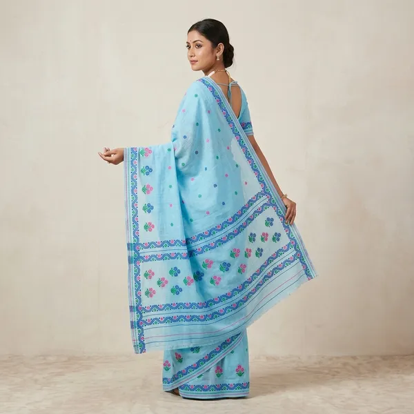 Sky_Blue_Cotton_Floral_Embroidered_Mekhela_Sador_For_Women