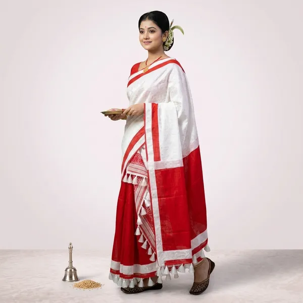 White_Red_Cotton_Khadi_Mekhela_Chador_With_Silver_Guna_Work_For_Women