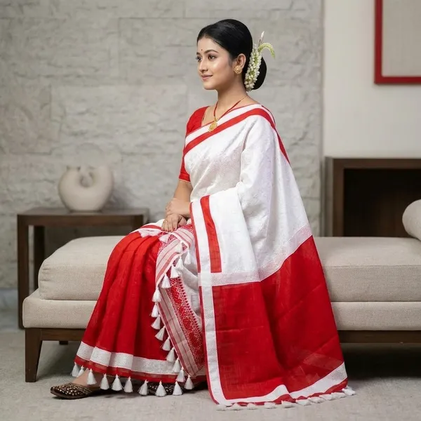White_Red_Cotton_Khadi_Mekhela_Chador_With_Silver_Guna_Work_For_Women