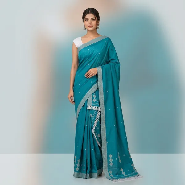 Teal_Blue_Cotton_Geometric_Embroidered_Mekhela_Sador_For_Women
