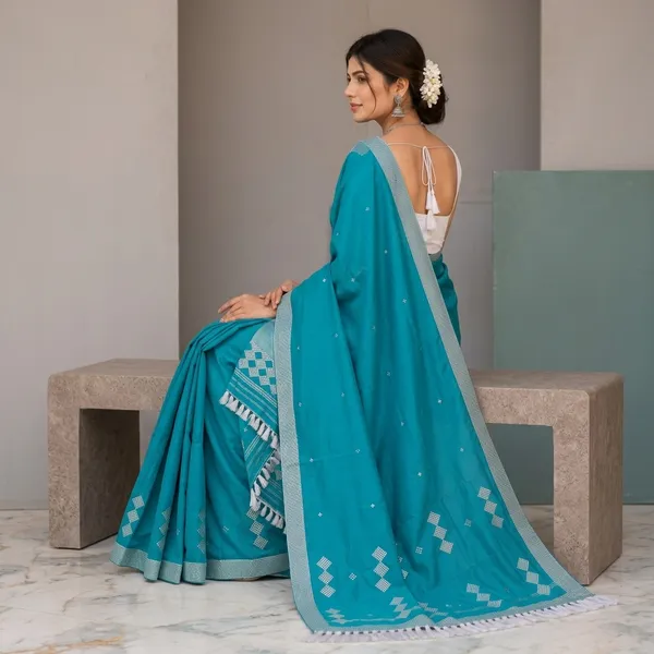 Teal_Blue_Cotton_Geometric_Embroidered_Mekhela_Sador_For_Women