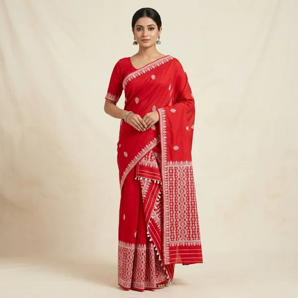Red_Cotton_Geometric_Floral_Embroidered_Mekhela_Sador_For_Women