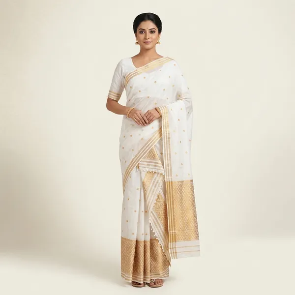 White_And_Gold_Cotton_Zari_Border_Mekhela_Sador_For_Women