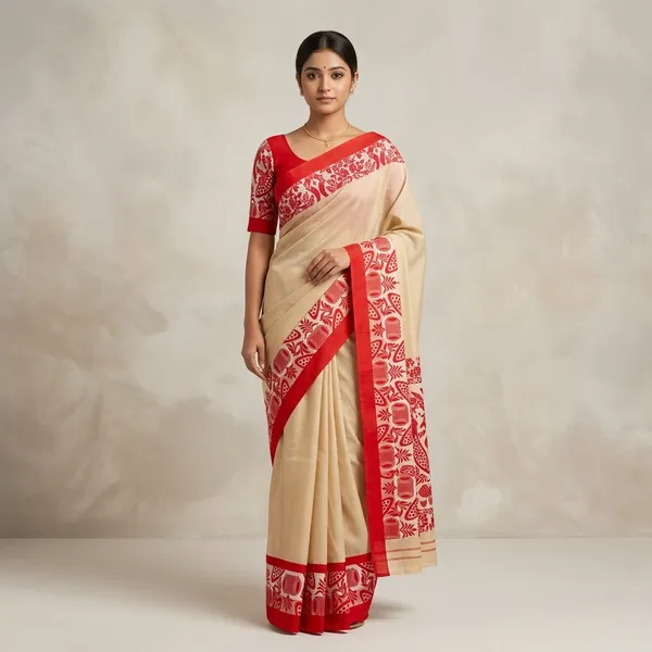 Red_And_Beige_Cotton_Gamusa_Print_Mekhela_Sador_For_Girls