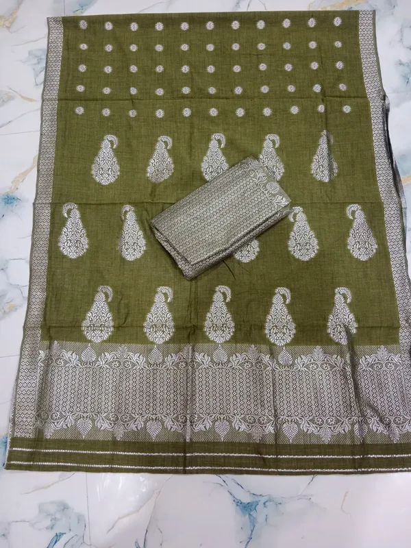 Olive_Green_And_Silver_Cotton_Zari_Work_Mekhela_Sador_For_Women