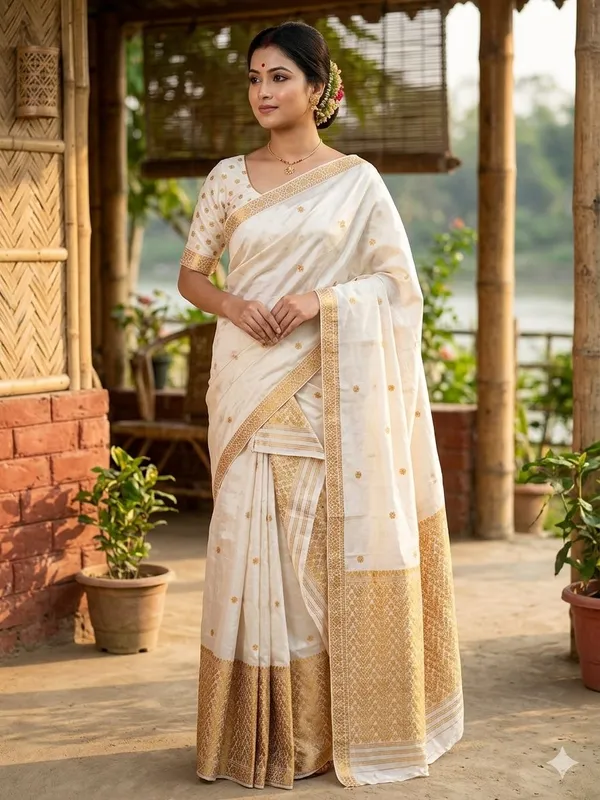 White_And_Gold_Cotton_Zari_Border_Mekhela_Sador_For_Women