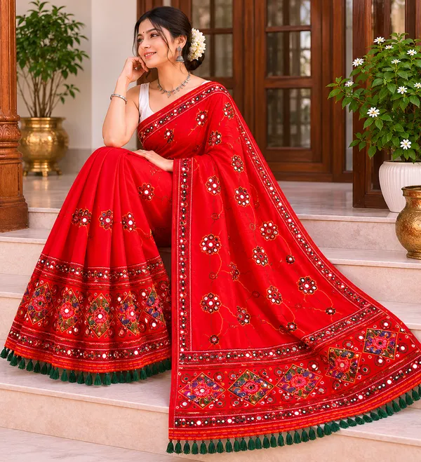 Red_And_Green_Cotton_Mirror_Work_Jaipuri_Mekhela_Sador_For_Women
