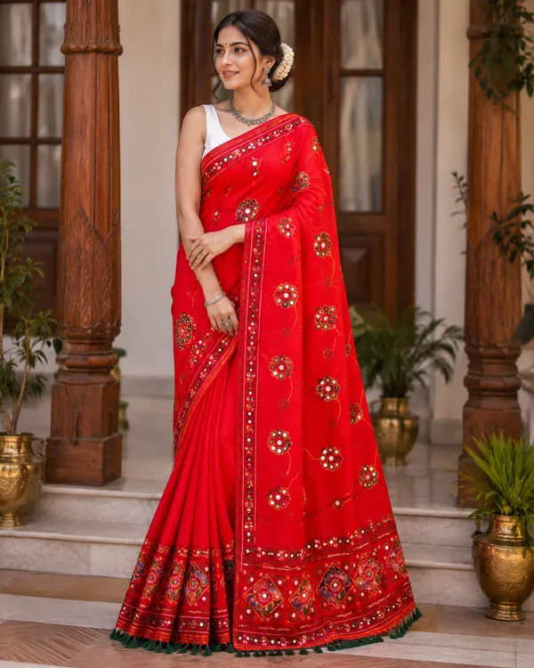 Red_And_Green_Cotton_Mirror_Work_Jaipuri_Mekhela_Sador_For_Women