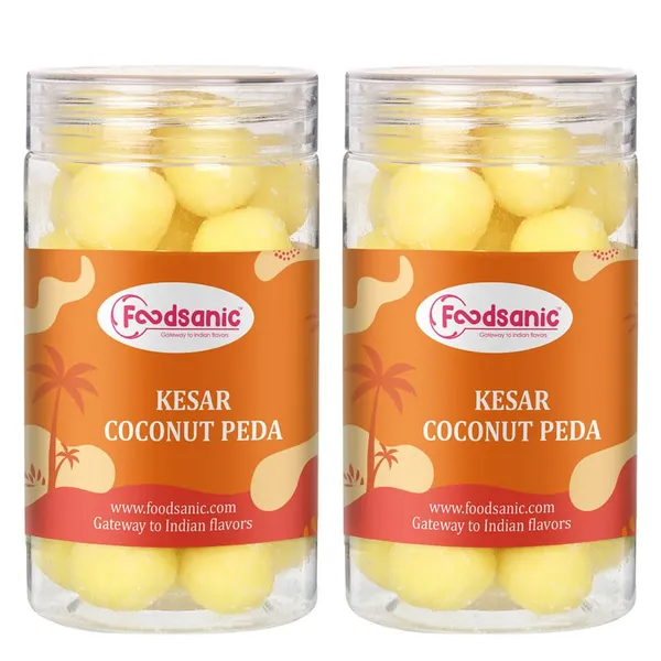 Foodsanic_Kesar_Coconut_Peda_|_Saffron_Infused_Coconut_Milk_Sweet_|_Traditional_Fudge_Style_Mithai_With_Aromatic_Notes_|_Indian_Sweet_For_Festive_Occasions_&_Celebrations_|_150G_Each_(Pack_Of_2)