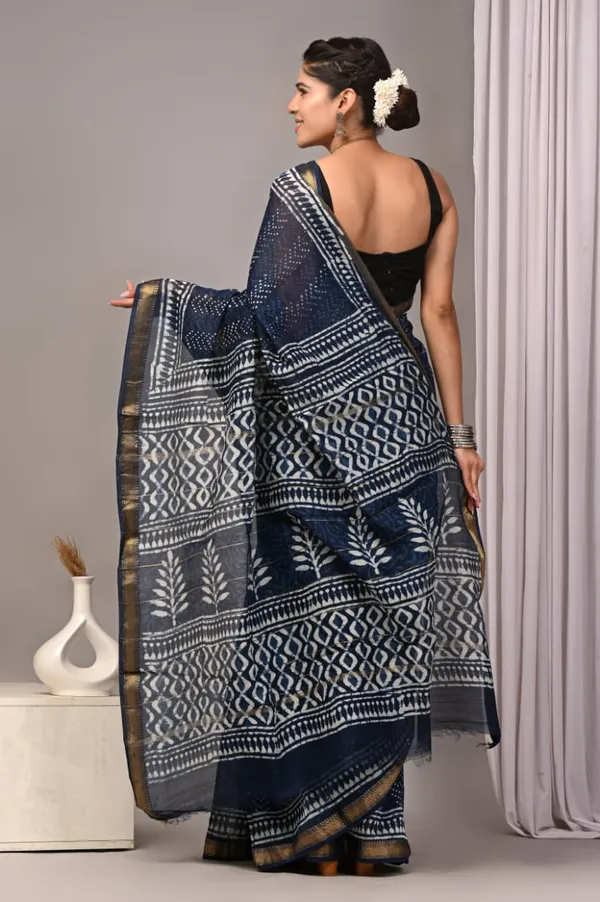 Navy_Blue_Cotton_Handblock_Print_Saree_With_Golden_Border_For_Women