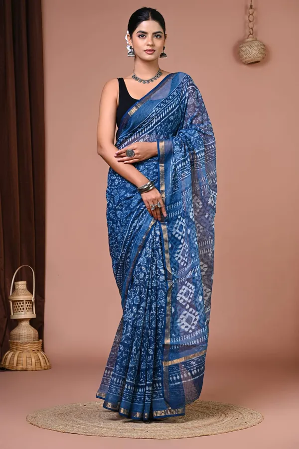 Blue_Kota_Doria_Block_Printed_Saree_For_Women