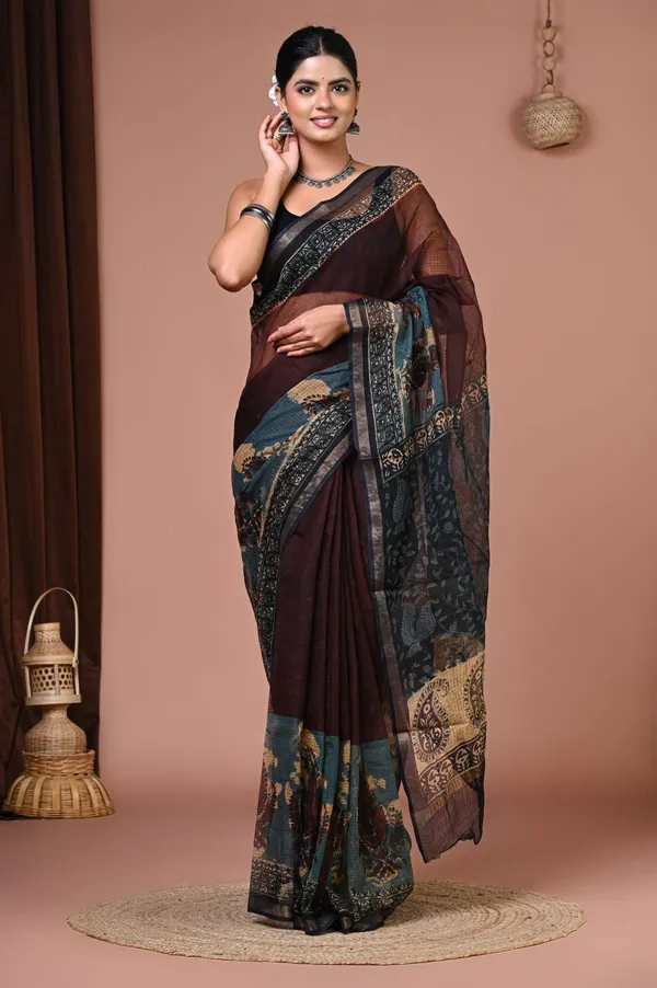 Brown_Kota_Doria_Floral_Border_Printed_Saree_For_Women