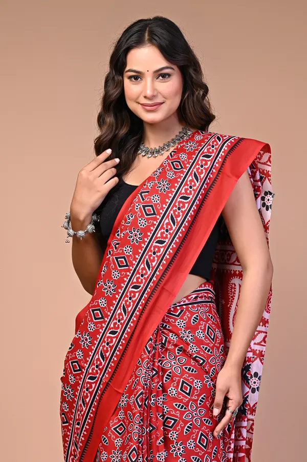 Red_Cotton_Mulmul_Ajrakh_Geometric_Print_Saree_For_Women