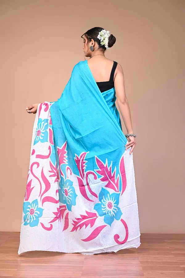 Sky_Blue_Cotton_Mulmul_Batik_Floral_Printed_Saree_For_Women