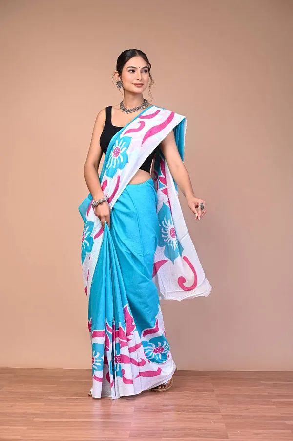 Sky_Blue_Cotton_Mulmul_Batik_Floral_Printed_Saree_For_Women