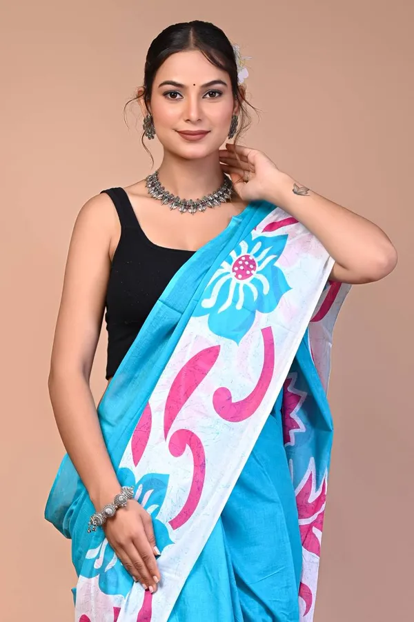 Sky_Blue_Cotton_Mulmul_Batik_Floral_Printed_Saree_For_Women