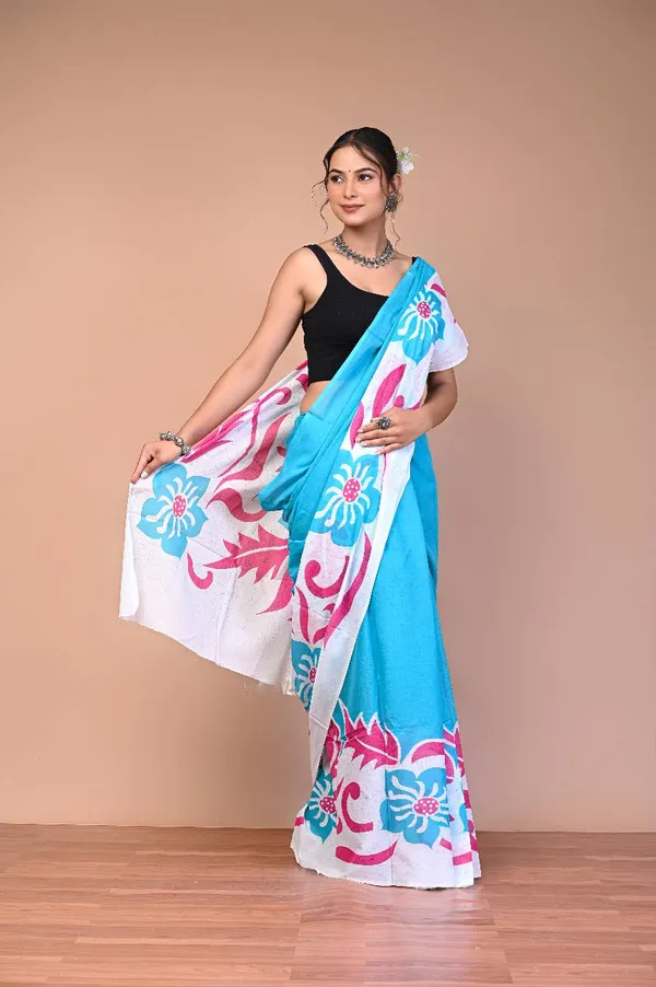 Sky_Blue_Cotton_Mulmul_Batik_Floral_Printed_Saree_For_Women
