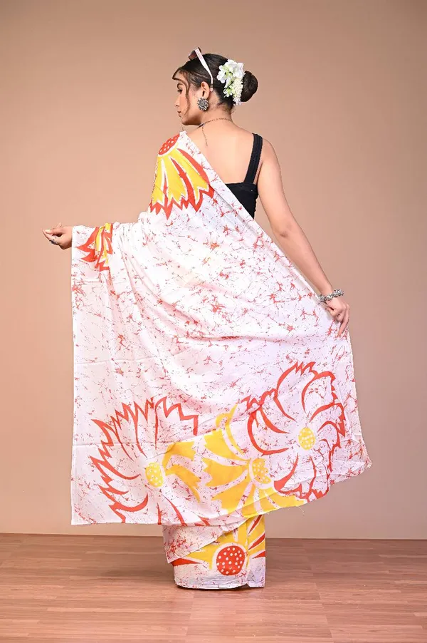 White_Cotton_Mulmul_Batik_Sunflower_Printed_Saree_For_Women