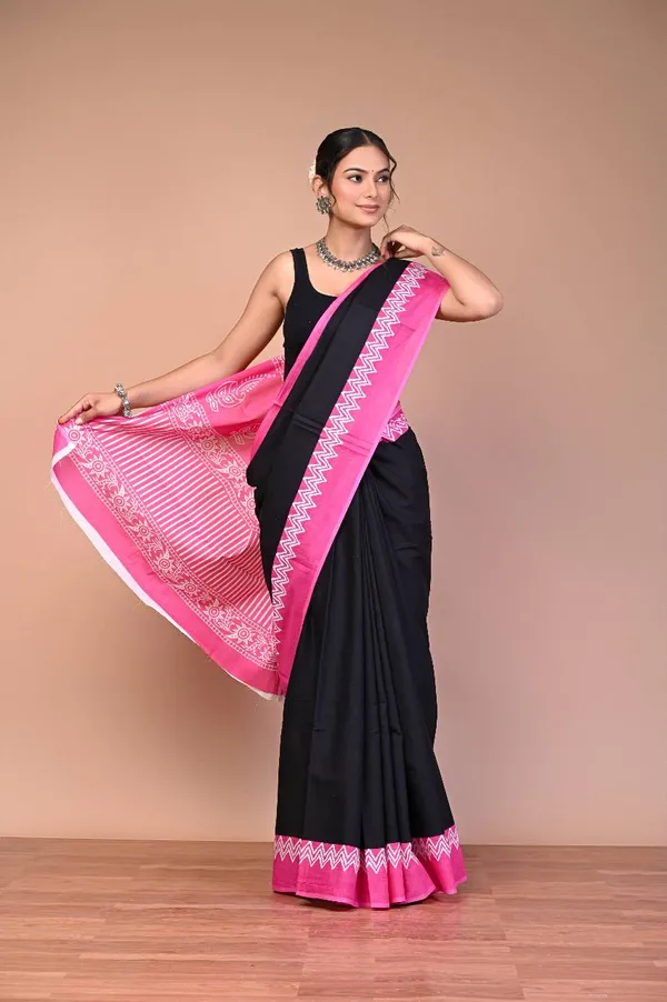 Black_Pink_Cotton_Mulmul_Dabu_Border_Saree_For_Women