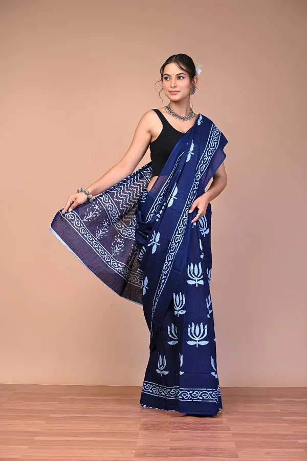 Blue_Cotton_Mulmul_Dabu_Lotus_Print_Saree_For_Women