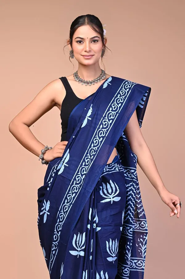 Blue_Cotton_Mulmul_Dabu_Lotus_Print_Saree_For_Women