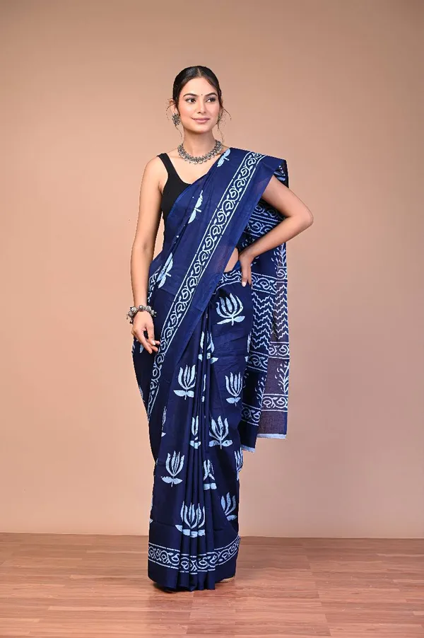 Blue_Cotton_Mulmul_Dabu_Lotus_Print_Saree_For_Women