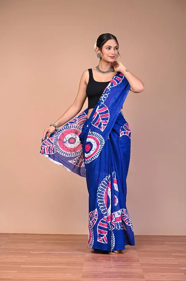 Blue_Cotton_Mulmul_Batik_Mandala_Printed_Saree_For_Women