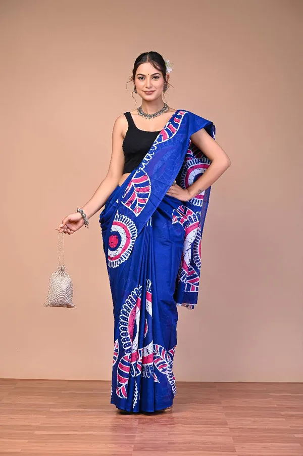 Blue_Cotton_Mulmul_Batik_Mandala_Printed_Saree_For_Women
