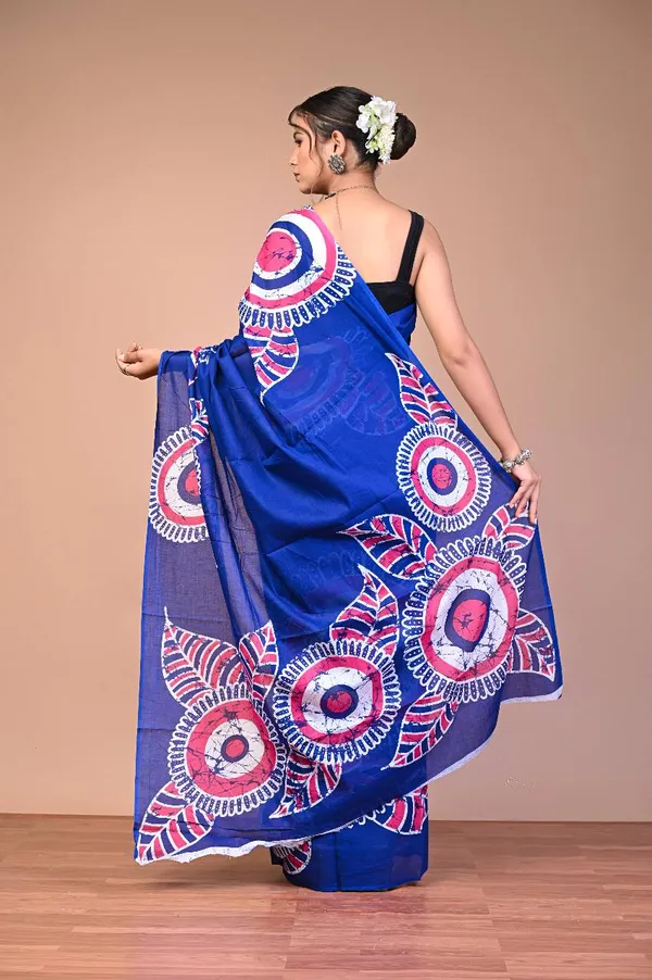 Blue_Cotton_Mulmul_Batik_Mandala_Printed_Saree_For_Women