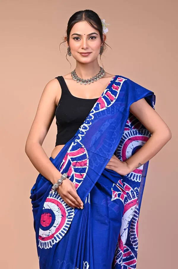 Blue_Cotton_Mulmul_Batik_Mandala_Printed_Saree_For_Women