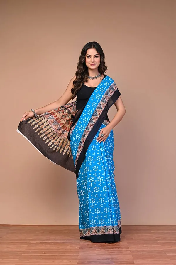 Blue_Black_Cotton_Mulmul_Bandhej_Ajrakh_Pallu_Saree_For_Women