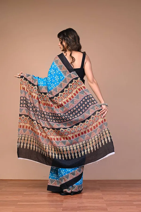 Blue_Black_Cotton_Mulmul_Bandhej_Ajrakh_Pallu_Saree_For_Women