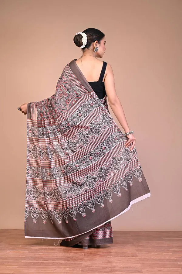 Grey_Cotton_Mulmul_Ajrakh_Medallion_Printed_Saree_For_Women