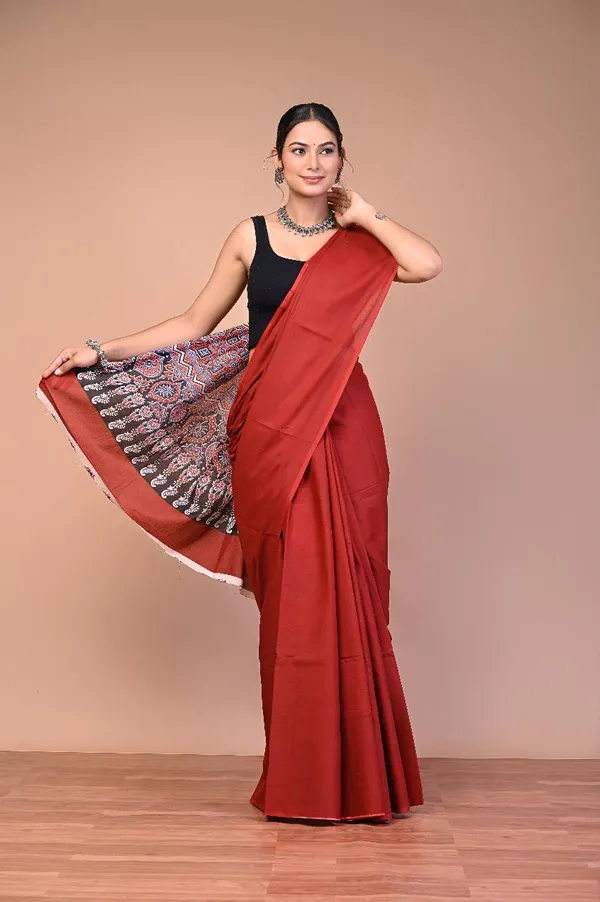 Red_Cotton_Mulmul_Ajrakh_Printed_Saree_For_Women