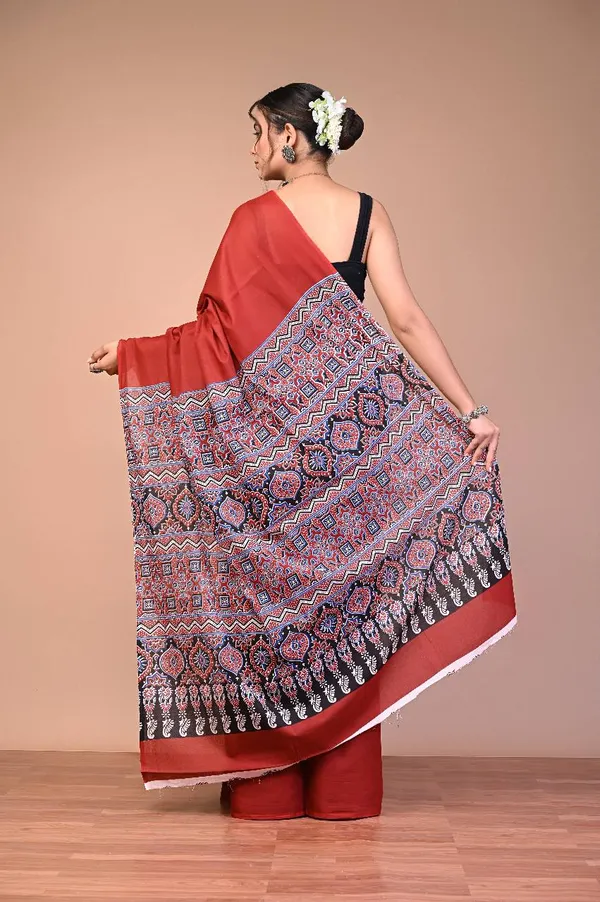 Red_Cotton_Mulmul_Ajrakh_Printed_Saree_For_Women