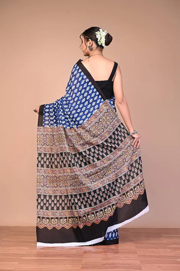 Black_Cotton_Mulmul_Dabu_Buti_Ajrakh_Pallu_Saree_For_Women
