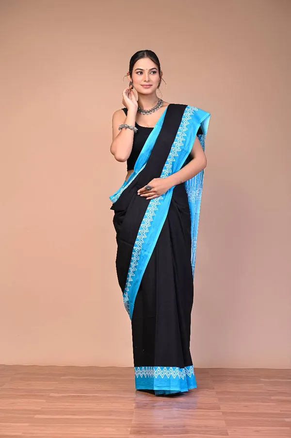 Blue_Black_Cotton_Mulmul_Dabu_Printed_Saree_For_Women