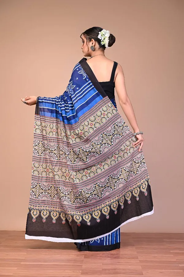 Blue_Cotton_Mulmul_Dabu_Stripe_Ajrakh_Pallu_Saree_For_Women