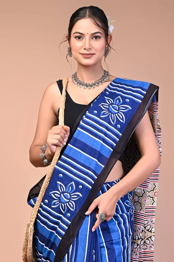 Blue_Cotton_Mulmul_Dabu_Stripe_Ajrakh_Pallu_Saree_For_Women